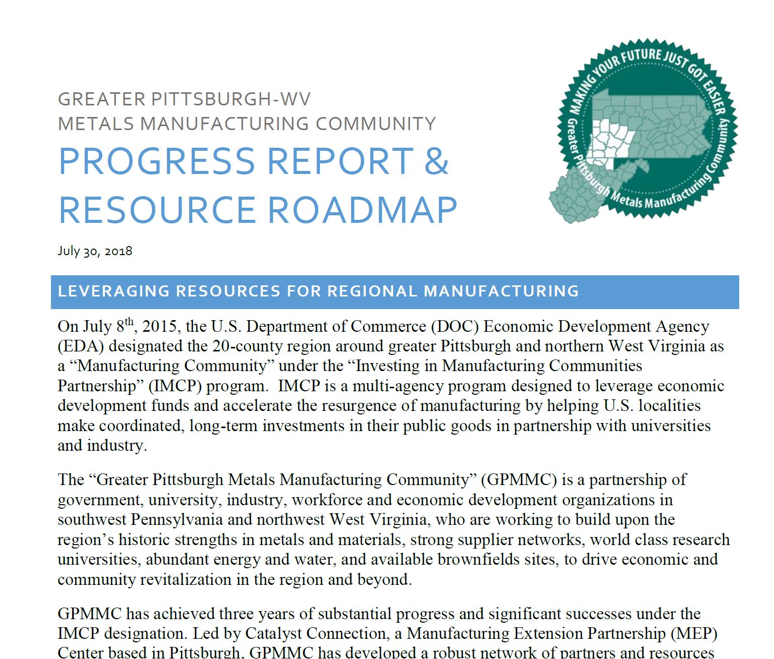 Greater Pittsburgh-WV Metals Manufacturing Community Progress Report and Resource Roadmap